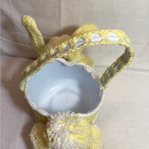 Bunny Easter Basket Handmade Yellow & White Yarn Crochet with Pom Poms - Picture 7 of 12